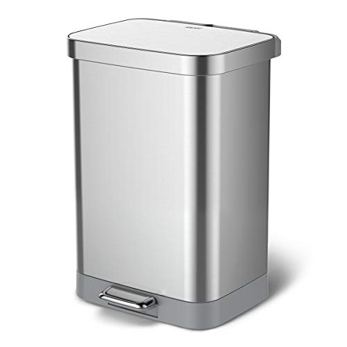 Glad Stainless Steel Step Trash Can with Clorox Odor Protection | Large Metal Kitchen Garbage Bin with Soft Close Lid, Foot Pedal and Waste Bag Roll Holder, 13 Gallon, All Stainless